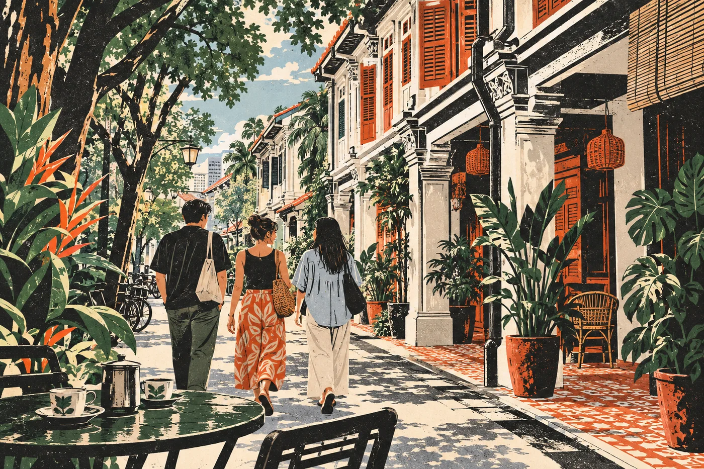Original illustration of friends exploring a leafy Singapore-inspired shophouse street