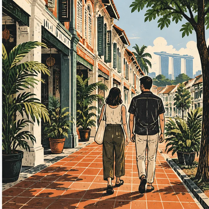 Illustrated couple walking past shophouses